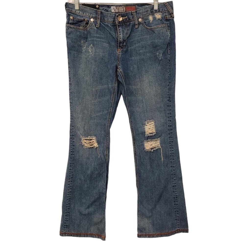 Mossimo‎ Jeans Blue Denim Mid Rise Modern Boot Cut Distressed Womens 15 34x32